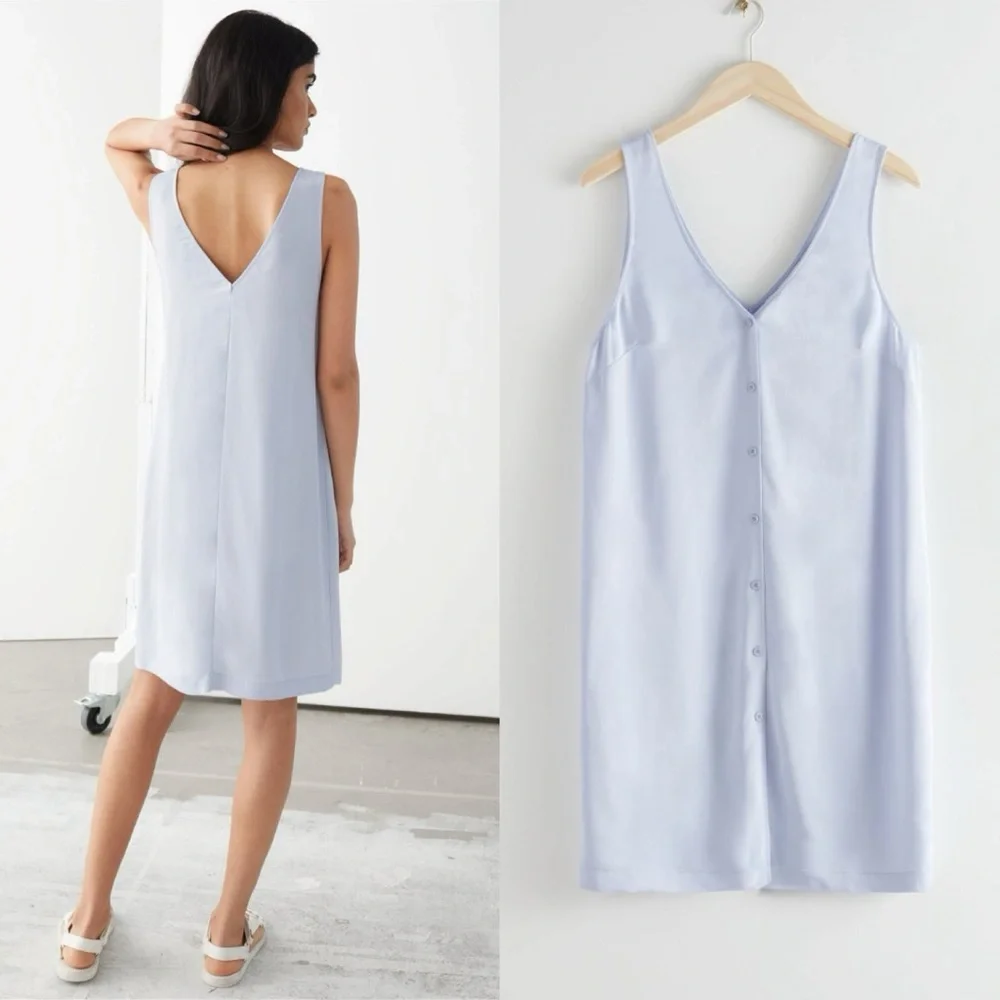 & Other Stories Eco Cupro Button Up Sleeveless Mini Shift Dress Blue EU 36 US 6 - Picture 2 of 11